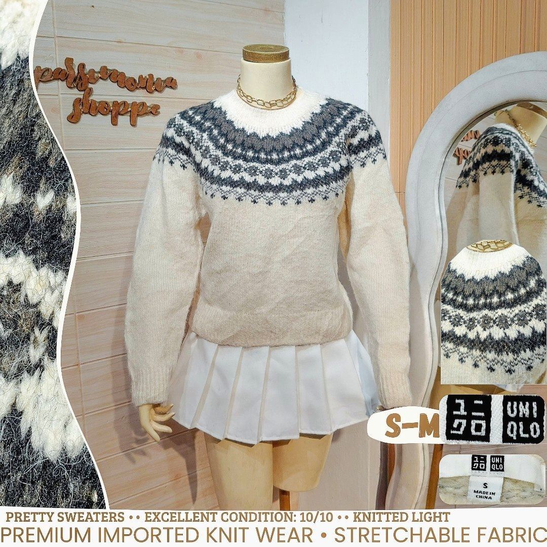 Uniqlo Fair Isle Pattern Knit Sweater Cream Authentic Freesize (Category: Longsleeves) located in Bulacan. Submitted by alyssarys (Listing ID 1469930071, Image 1). Description: - Brand: Uniqlo - Size: s on tag - Color: Cream, black, and dark grey - Design: Fair Isle yoke pattern around the crew neck - Material: Nylon, polyester, acrylic, and wool blend - Details: Ribbed collar, cuffs, and hem - Measurements: ~20 inches length, ~9 inches sleeve le