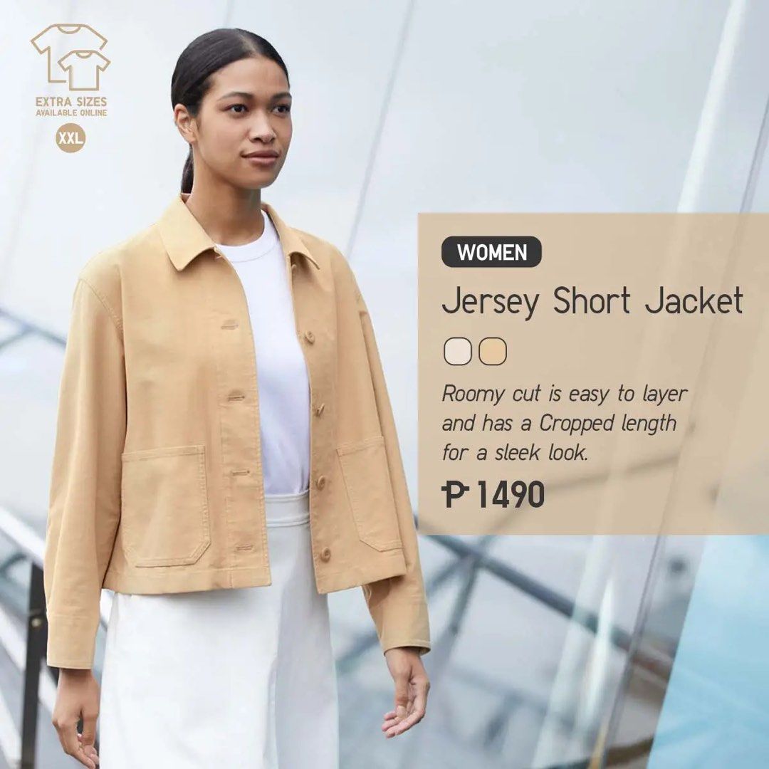 Uniqlo Jersey Short Jacket XS (Category: Coats, Jackets and Outerwear) located in Manila. Submitted by mmilaomls (Listing ID 1470411076, Image 2). Description: Uniqlo casual jacket in brown. Size XS. Material blend of polyester, cotton, and spandex. Button-up front with front pockets and buttoned cuffs. Simple collar and clean structured stitching throughout the back..
