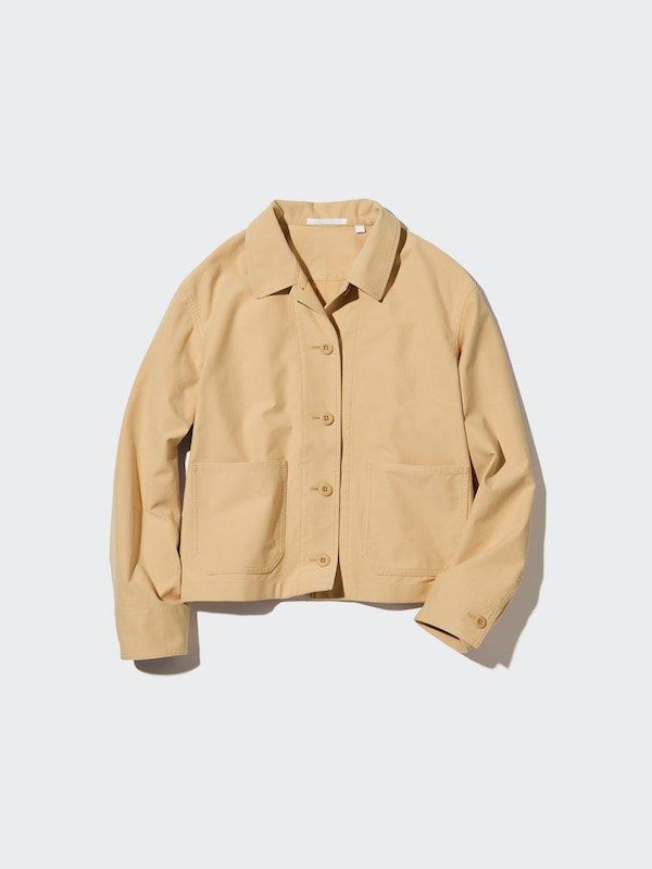 Uniqlo Jersey Short Jacket XS (Category: Coats, Jackets and Outerwear) located in Manila. Submitted by mmilaomls (Listing ID 1470411076, Image 1). Description: Uniqlo casual jacket in brown. Size XS. Material blend of polyester, cotton, and spandex. Button-up front with front pockets and buttoned cuffs. Simple collar and clean structured stitching throughout the back..