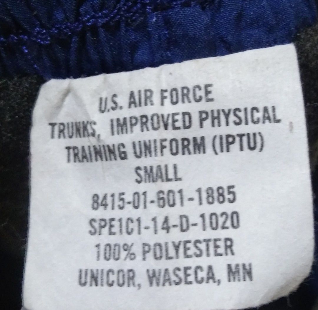 US Air Force Improved Physical Training Uniform IPTU Trunks Shorts Small (Category: Shorts) located in Manila. Submitted by aj.bermundo (Listing ID 1470358178, Image 3). Description: - Official US Air Force physical training (IPTU) trunks - Color: Navy blue - Size: Small - Material: 100% durable polyester (Made by Unicor, Waseca, MN) - Features reflective chevron stripes on the legs for visibility - Includes comfortable elastic waistband with adj