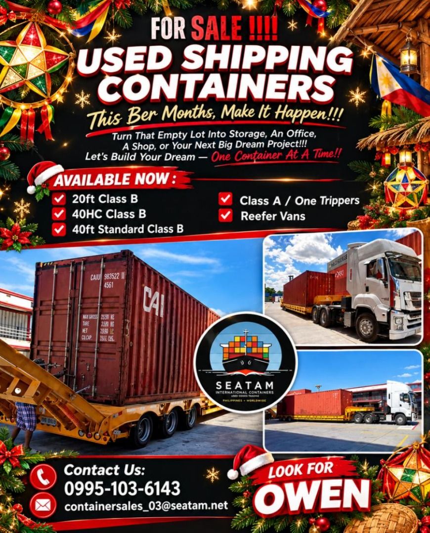 USED SHIPPING CONTAINERS FOR SALE!!! (Category: Construction & Building Materials) located in Bulacan. Submitted by seatam_owen (Listing ID 1470358523, Image 1). Description: This Ber Months, Make It Happen!!! Turn That Empty Lot Into Storage, An Office, A Shop, or Your Next Big Dream Project!!! Let’s Build Your Dream — One Container At A Time!! USED SHIPPING CONTAINERS FOR SALE!!! Available now : 20ft Class B | 40HC Class B 40ft Standard Class B