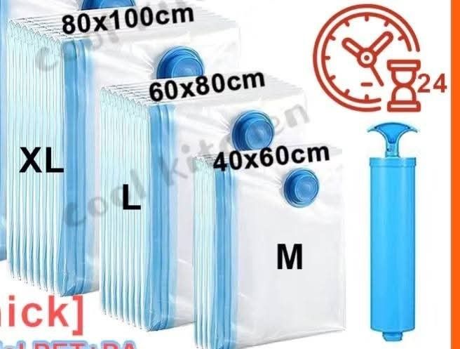 Vacuum storage bags (Category: Travel Essentials & Accessories) located in Manila. Submitted by yzlshop (Listing ID 1470375304, Image 1). Description: Price per pc. 35x40cm 45.00/pc 40x60cm 65.00/pc 60x80cm 85.00/pc 80x100cm 100.00/pc Manual pump 90.00/pc Electric vacuum pump 280/pc.