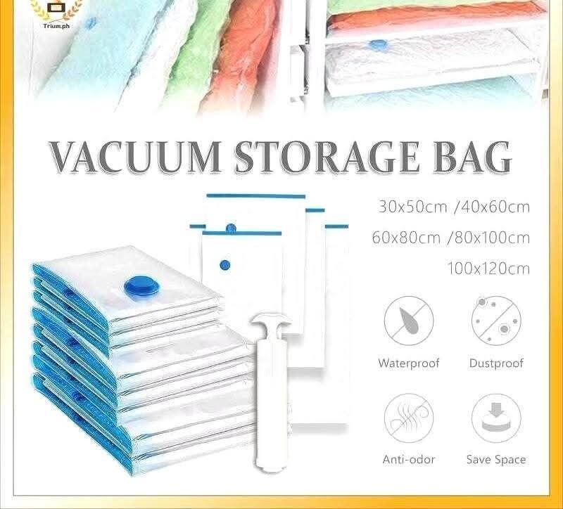 Vacuum storage bags (Category: Travel Essentials & Accessories) located in Manila. Submitted by yzlshop (Listing ID 1470375304, Image 2). Description: Price per pc. 35x40cm 45.00/pc 40x60cm 65.00/pc 60x80cm 85.00/pc 80x100cm 100.00/pc Manual pump 90.00/pc Electric vacuum pump 280/pc.