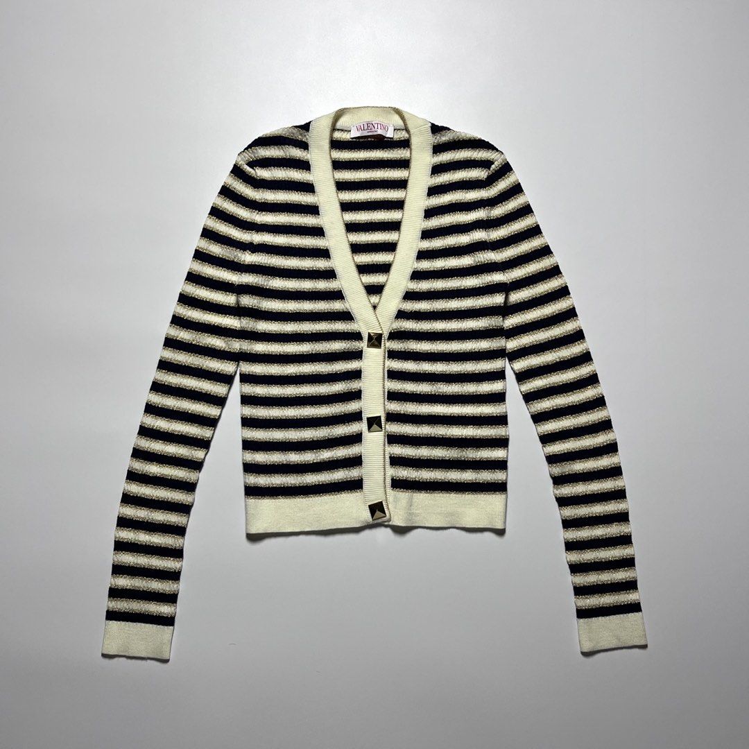 VALENTINO Stripe Rockstud Button Cropped Cardigan (Category: Coats, Jackets and Outerwear) located in Cebu City. Submitted by franceuy (Listing ID 1470478565, Image 1). Description: Good As New No Issue W-14.5 L-21 Color rate: 10/10 Cebu City📍.