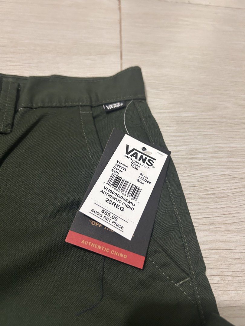 Vans Authentic Chino Loose Fit Green Pants (Category: Jeans) located in Bulacan. Submitted by friitzie (Listing ID 1470403152, Image 3). Description: - Brand: Vans - Style: Authentic Chino (Loose Fit) - Color: Dark Green - Size: 28 waist, regular length - Condition: Brand new with original retail tags ($55 value) - Details: Sturdy cotton twill fabric with classic checkerboard interior tape - Bought in the US.