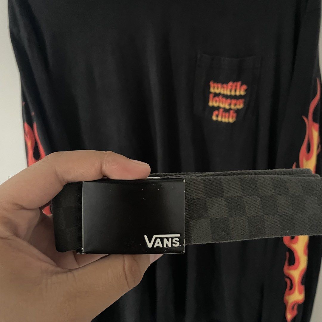 Vans Black Checkered Web Belt with Metal Buckle (Category: Belts) located in Cebu City. Submitted by trashloots.ceb (Listing ID 1470424721, Image 2). Description: Vans Web Belt -Size: 43 -Good -Issue: Sign of Usage -650🏷️ Cebu📍.