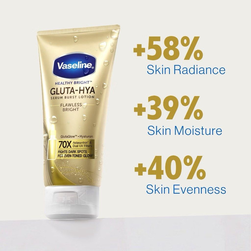 Vaseline Gluta-Hya Flawless Bright Serum Burst Lotion (Category: Body Care) located in Quezon City. Submitted by cssybrgn_ (Listing ID 1470547603, Image 3). Description: [Brand New and Sealed] (8 pcs. available) SRP: 527 - 330 ml (biggest size) - non-sticky and fast absorbent Expiration Date: 2028.