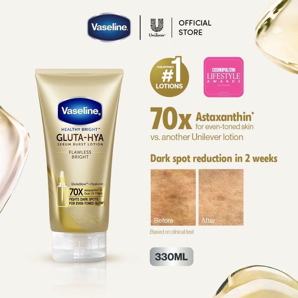 Vaseline Gluta-Hya Flawless Bright Serum Burst Lotion (Category: Body Care) located in Quezon City. Submitted by cssybrgn_ (Listing ID 1470547603, Image 2). Description: [Brand New and Sealed] (8 pcs. available) SRP: 527 - 330 ml (biggest size) - non-sticky and fast absorbent Expiration Date: 2028.