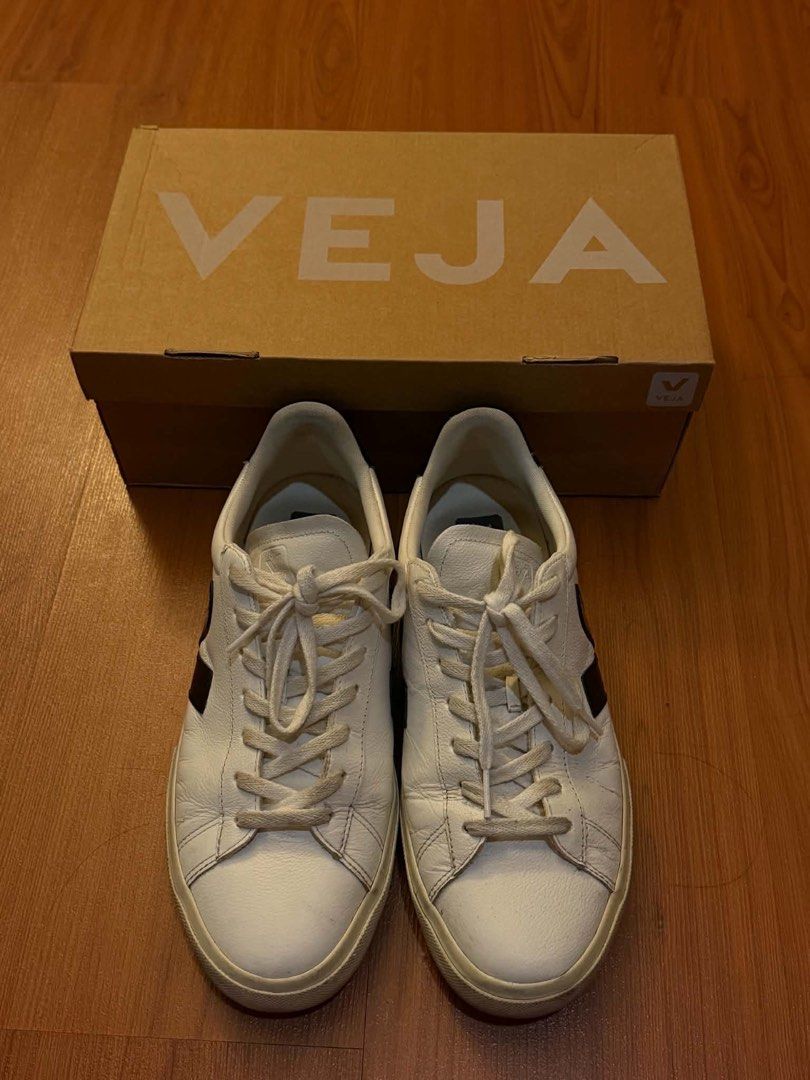 Veja Campo Extra White Black Sneakers (Category: Casual Shoes) located in Paranaque City. Submitted by preloveditems111 (Listing ID 1470541462, Image 1). Description: - Brand/Model: Veja Campo - Colorway: Extra White & Black - Size: EU 45 / US 11.5 / UK 11 - Material: Leather upper with durable rubber sole - Design: Classic side V logo detail - Inclusions: Comes with original shoebox - Condition: Excellent, ready to wear.