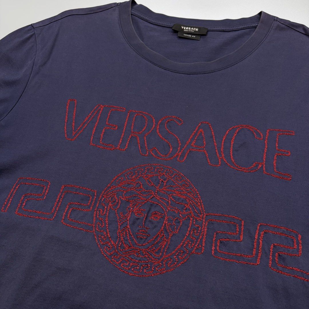 Versace Embroidered (Authentic) (Category: Luxury Apparel) located in Cavite. Submitted by onebeancent (Listing ID 1470557057, Image 3). Description: Size: Large (Men) | XL to XXL (Women's) Dimension: 21" Width | 30" Length Color: Navy Blue Color Rate: 9/10 Issue: None Condition: Excellent Price: 880php Additional Shipping Fee (J&T Small Pouch) 75php Luzon 100php visayas 120php mindanao.