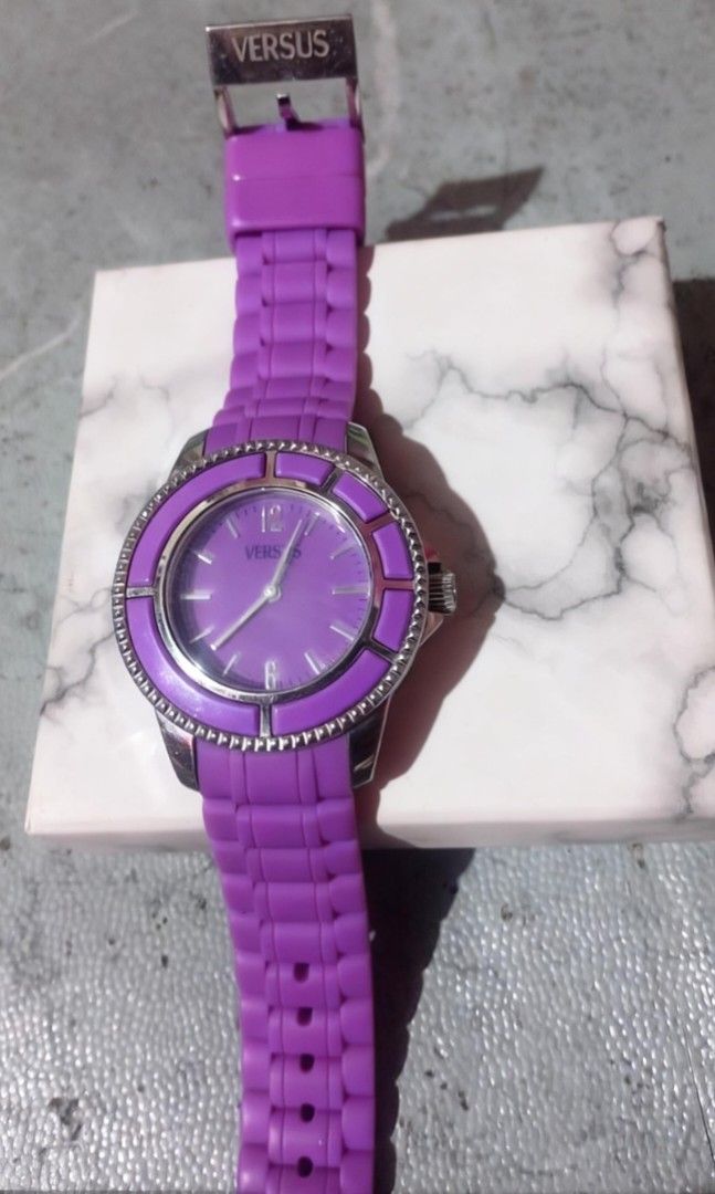 Versus Versace Tokyo Purple Dial Rubber Watch (Category: Women's Watches) located in Caloocan City. Submitted by grandcloud.a0efa7 (Listing ID 1470550849, Image 1). Description: Original Versus by Versace "Tokyo Collection" Unisex/Women's Watch. Details: - Model: 3C61800000 - Color: Vibrant Purple - Case Size: 38mm (Stainless Steel) - Strap: Comfortable Purple Rubber/Polyurethane - Movement: Japan Quartz Condition: - May maliit na gasgas (minor s