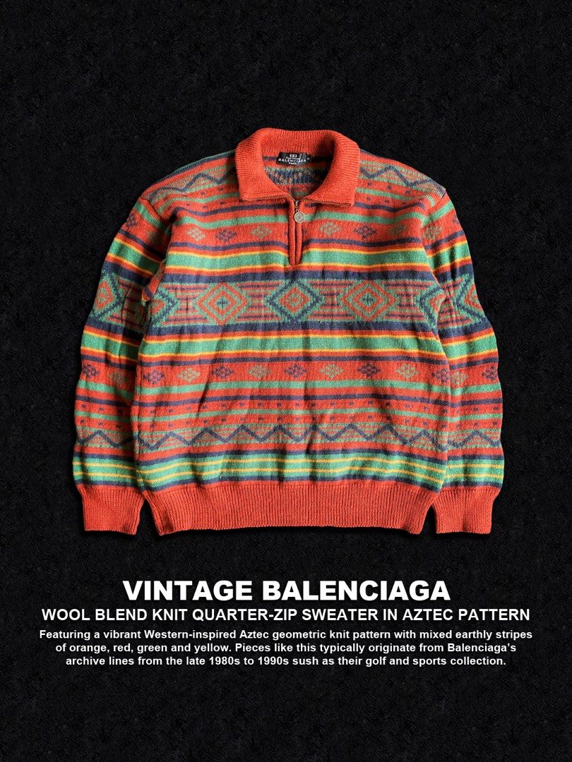Vintage Balenciaga Wool Blend Aztec Pattern Quarter-Zip Sweater (Category: Luxury Apparel) located in Dinalupihan. Submitted by thriftout.ph (Listing ID 1470482875, Image 1). Description: PLEASE READ ALL THE DETAILS⬇️ Tagged as Size5 : 20.5W | 27L Model Height : 5’5 No major issues Excellent / Presentable PRICE - P5,880 Free Shipping Free Shipping On Local Orders Over P2,000 - Brand: Balenciaga (Archive Line) - Style: Vintage quarter-zip sweater 