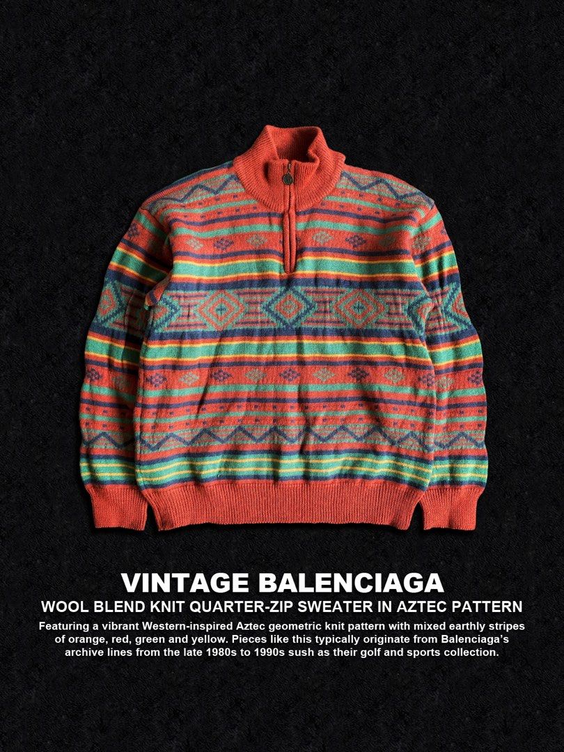 Vintage Balenciaga Wool Blend Aztec Pattern Quarter-Zip Sweater (Category: Luxury Apparel) located in Dinalupihan. Submitted by thriftout.ph (Listing ID 1470482875, Image 2). Description: PLEASE READ ALL THE DETAILS⬇️ Tagged as Size5 : 20.5W | 27L Model Height : 5’5 No major issues Excellent / Presentable PRICE - P5,880 Free Shipping Free Shipping On Local Orders Over P2,000 - Brand: Balenciaga (Archive Line) - Style: Vintage quarter-zip sweater 