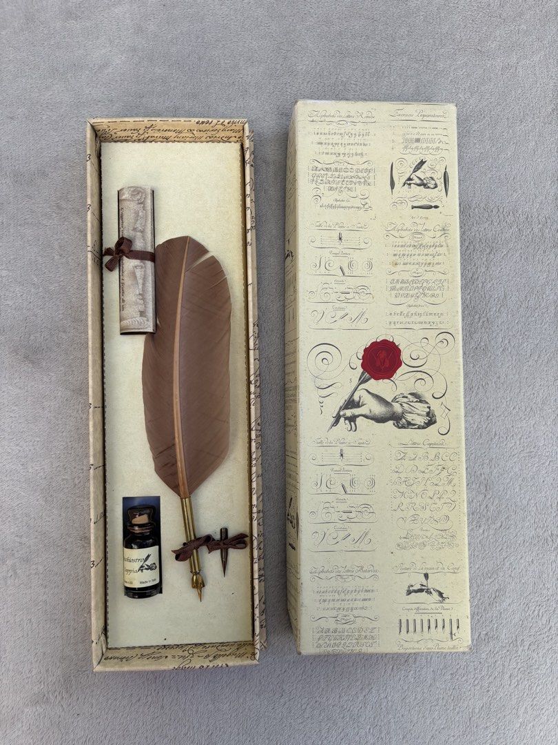 Vintage Calligraphy Set (Category: Musical Instruments) located in Baguio. Submitted by thecollector2600 (Listing ID 1470413463, Image 1). Description: Inclusion: -original box, old -ink, sealed never open, has crack on sealant, made in italy -feather pen -perry &co london indent pen .
