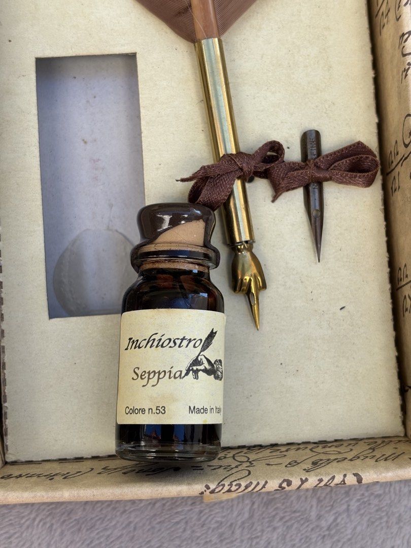 Vintage Calligraphy Set (Category: Musical Instruments) located in Baguio. Submitted by thecollector2600 (Listing ID 1470413463, Image 2). Description: Inclusion: -original box, old -ink, sealed never open, has crack on sealant, made in italy -feather pen -perry &co london indent pen .