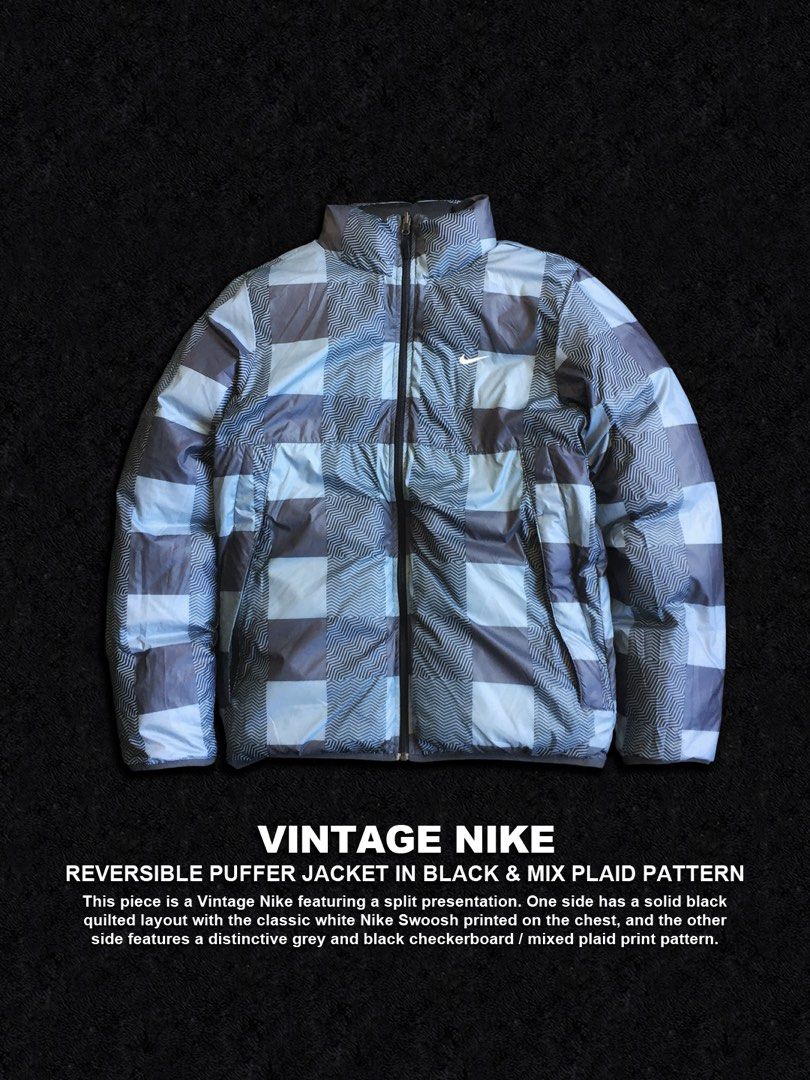 Vintage Nike Reversible Puffer Jacket Black Mix Plaid Pattern (Category: Coats, Jackets and Outerwear) located in Dinalupihan. Submitted by thriftout.ph (Listing ID 1470463896, Image 3). Description: PLEASE READ ALL THE DETAILS⬇️ Tagged as Small fits Large : 21.5W | 29L Model Height : 5’9 No major issues, just signs of wear. Good / Presentable. PRICE - P2,880 Free Shipping Free Shipping On Local Orders Over P2,000 - Side 1: Solid black quilted de