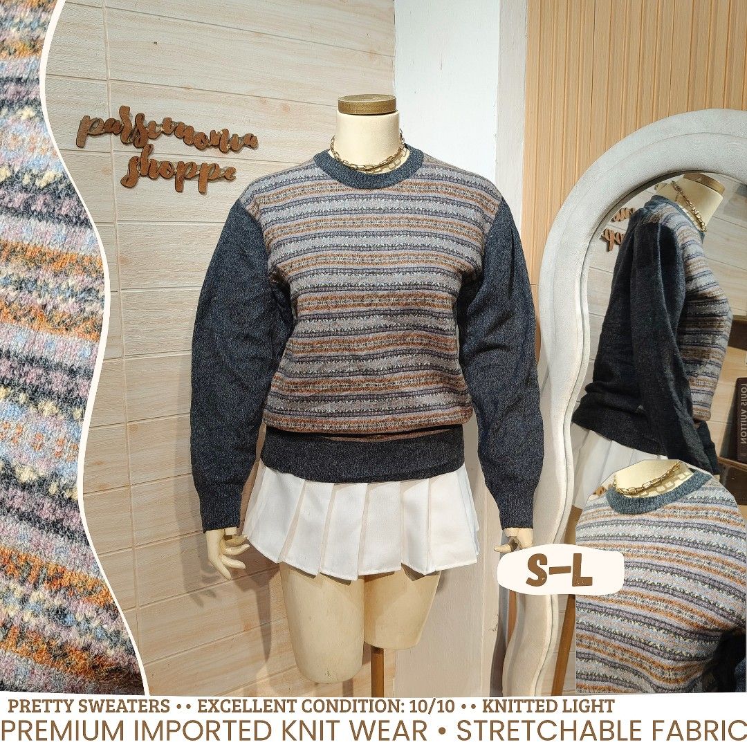 Vintage Striped Knit Sweater Crewneck Pullover (Category: Longsleeves) located in Bulacan. Submitted by alyssarys (Listing ID 1470475477, Image 1). Description: - Multi-color striped knit sweater with solid grey sleeves and collar - Cozy textured weave pattern on the chest and back - Classic crewneck design - Stretchy and lightweight fabric for all-day comfort - Tag indicates fit for sizes S-L.