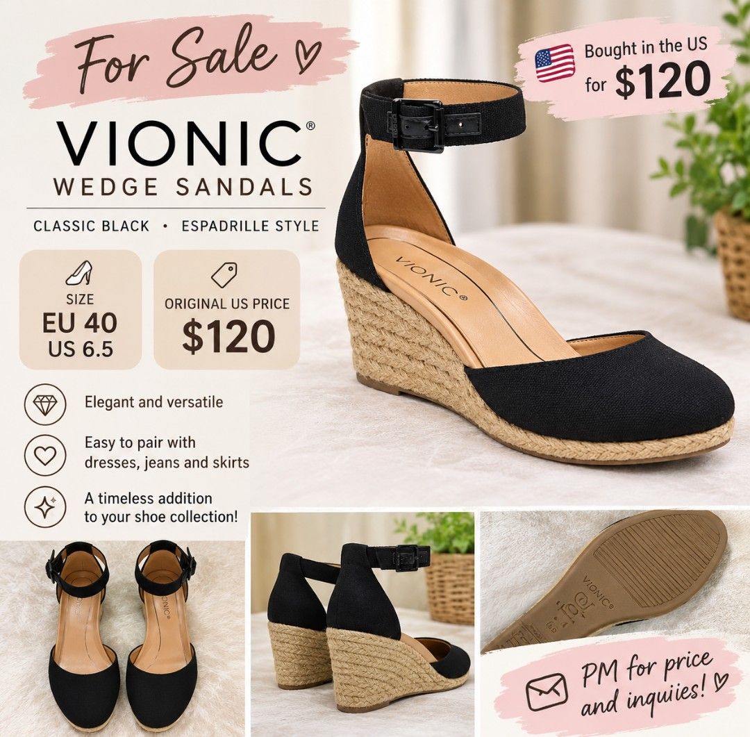 Vionic Black Espadrille Wedge Sandals EU 40 US 6.5 (Category: Wedges) located in Manila. Submitted by iamnicka (Listing ID 1470470821, Image 1). Description: - Brand: Vionic - Style: Classic black espadrille wedge sandals with closed-toe design - Size: EU 40 / US 6.5 - Features: Ankle strap with buckle closure and woven jute wedge heel - Condition/Origin: Original US purchase (Retail: $120) - Versatility: Easily pairs with dresses, jeans, and ski