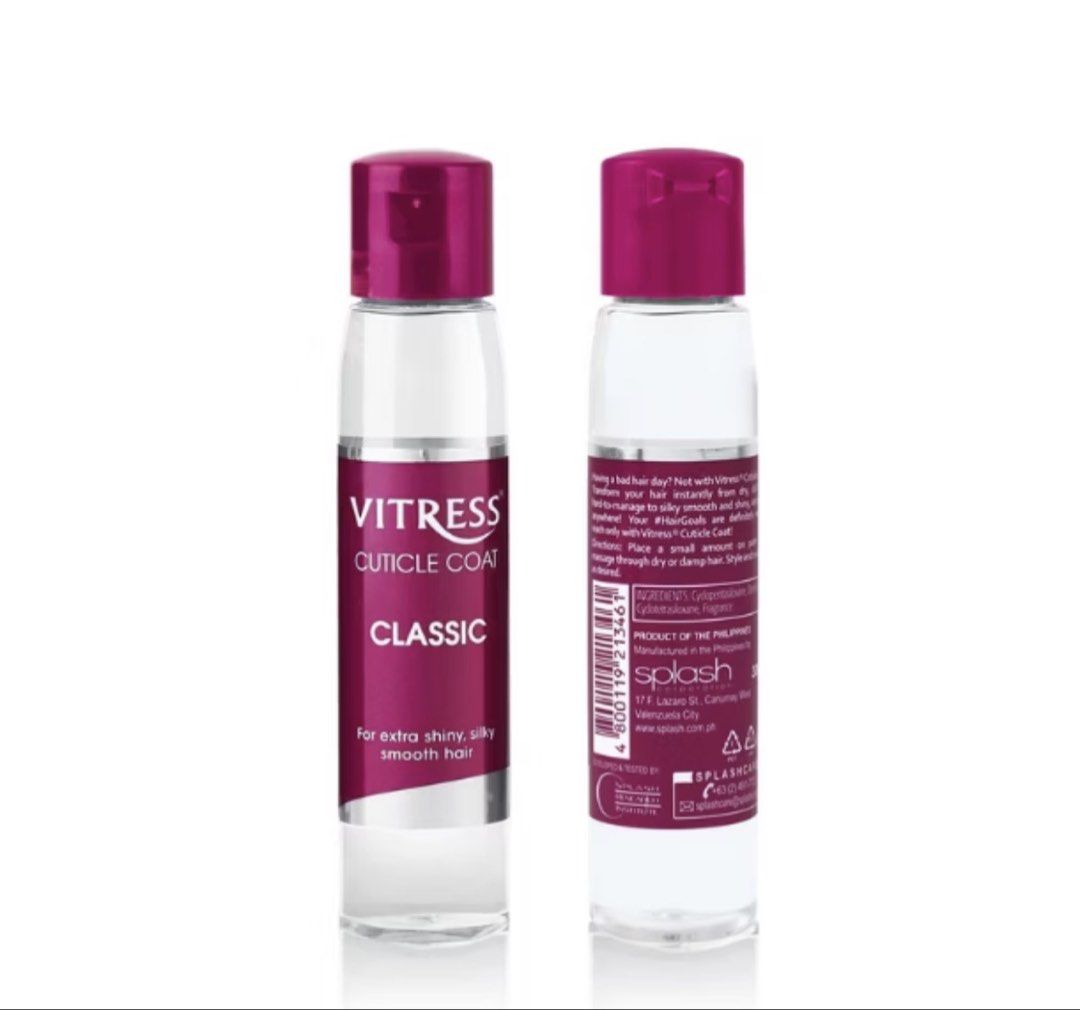 Vitress Cuticle Coat Classic 30ml (Category: Hair) located in Manila. Submitted by krstenx (Listing ID 1470428640, Image 1). Description: Vitress Classic Cuticle Coat - 30ml. Extra shiny and smooth hair formula. Sealed plastic wrapper over the cap. Brand new, unopened bottle. Great for daily hair care and managing frizz..