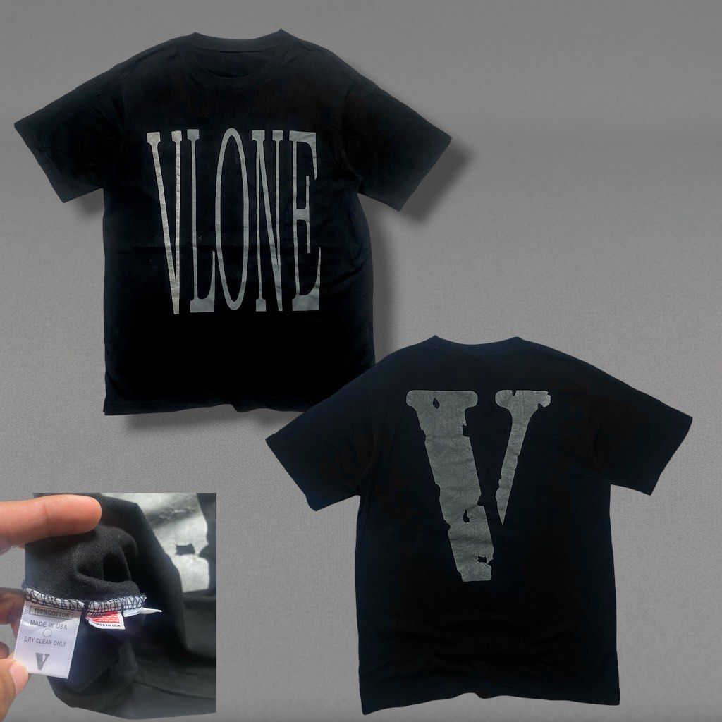 Vlone Black Graphic T-Shirt (Category: Tshirts & Polo Shirts ) located in Camiling. Submitted by camthrift_2024 (Listing ID 1470368671, Image 1). Description: VLONE REFLECTORIZED M-semi L 20x28 COLOR RATE: 9/10 ISSUE:crackprint ₱250 PEDE VC SA JNT SHIP NOW OPEN FOR TERMS UNLI VOUCH GCASH JNT CAMILING, TARLAC📌 - Authentic Black Vlone T-Shirt (Size Large) - 100% premium cotton build made in USA - Bold vertical Vlone text graphic on the front chest