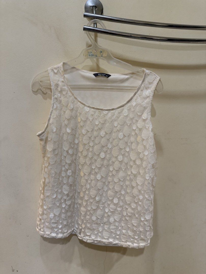 Wanko White Lace Tank Top Size 38 (Category: Sleeveless) located in Las Pinas. Submitted by privari (Listing ID 1470389486, Image 1). Description: - Brand: Wanko - Size: 38 - Color: White - Design: Scoop neckline with textured polka dot lace overlay (front and back) - Lining: Fully lined interior - Style: Lightweight, sleeveless, slip-on tank top - Condition: Excellent.