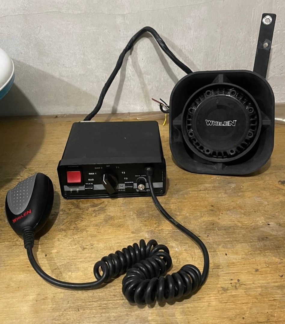Whelen Siren Amplifier Control Unit Speaker and Microphone (Category: Soundbars, Speakers & Amplifiers) located in Quezon City. Submitted by rodserdon (Listing ID 1470475362, Image 1). Description: - Authentic Whelen siren setup taken straight from a working vehicle - Includes main control amplifier box, black speaker unit with mounting bracket, and handheld mic with coiled cord - Rotary switch features MAN 1, MAN 2, HF, T1, T2, T3, HORN, and RAD