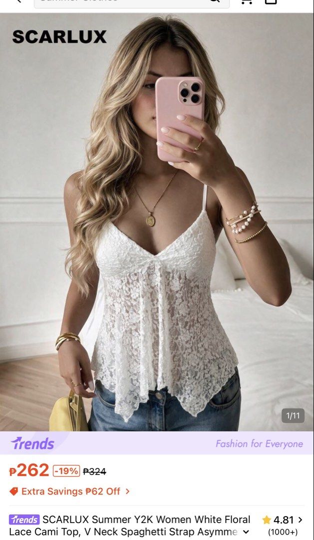 White Floral Lace Cami Top Y2K (Category: Sleeveless) located in Manila. Submitted by winxclubz (Listing ID 1470417445, Image 1). Description: shein large brand new never worn rfs: wala ayoko na mas bagay sa costume q mag corset LP! .