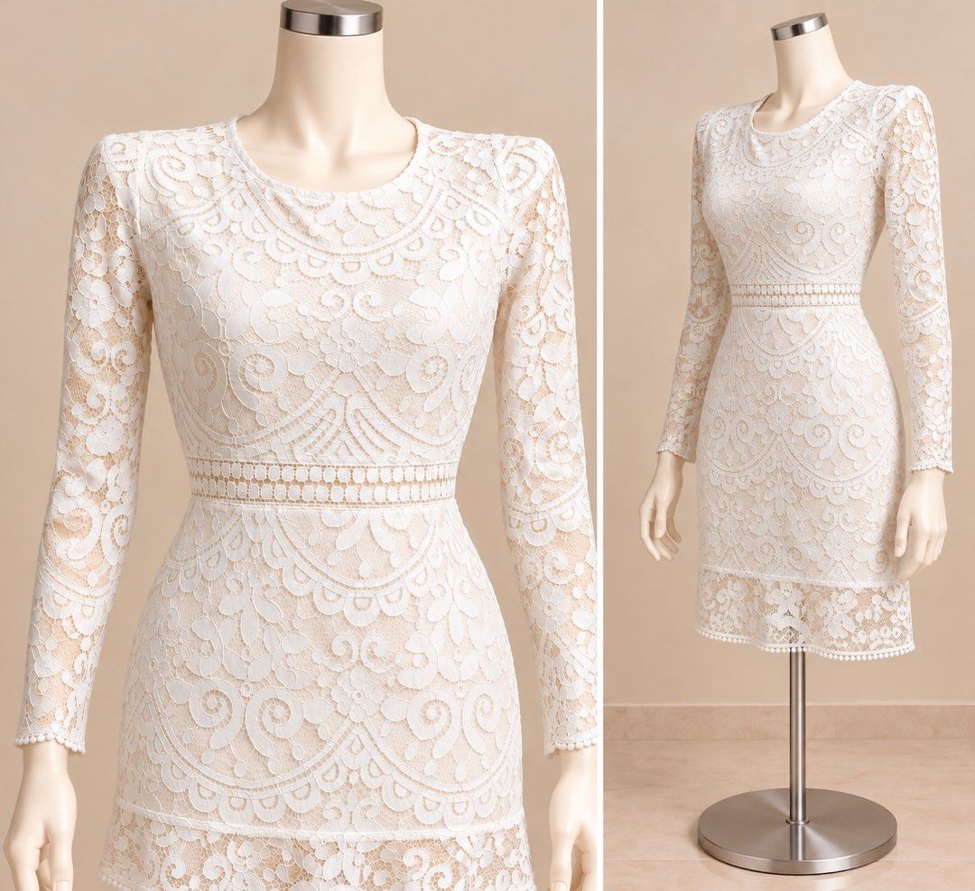 White lace long sleeve open back mini dress (Category: Dresses) located in Santa Cruz. Submitted by zellethrifts (Listing ID 1469472352, Image 2). Description: • Bought in Japan 🇯🇵 • Used / Excellent condition • Fits small to medium • Photos taken using mannequin only 🚚 Shipping via J&T only 📦 Shipping fee to be shouldered by buyer 💳 Mode of payment: GCash 📍 Santa Cruz, Laguna.