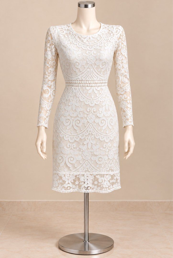 White lace long sleeve open back mini dress (Category: Dresses) located in Santa Cruz. Submitted by zellethrifts (Listing ID 1469472352, Image 1). Description: • Bought in Japan 🇯🇵 • Used / Excellent condition • Fits small to medium • Photos taken using mannequin only 🚚 Shipping via J&T only 📦 Shipping fee to be shouldered by buyer 💳 Mode of payment: GCash 📍 Santa Cruz, Laguna.