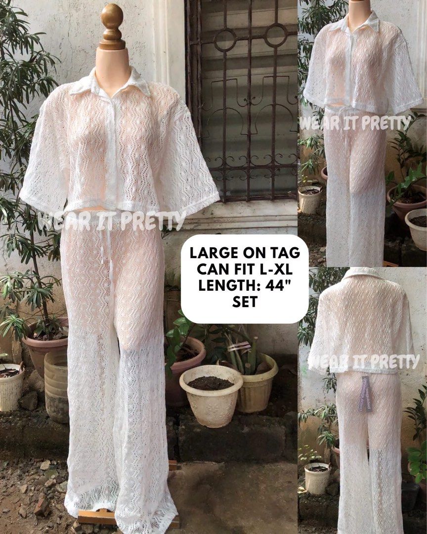 White Lace Two-Piece Set Crop Top and Pants (Category: Sets or Coordinates) located in Antipolo. Submitted by strawberry_berryyy (Listing ID 1470392156, Image 1). Description: waist: 28-38" | length: 44" | bust: 34-38 ༄｡°𖦹⋆˚✿˖°nice quality, open knitted fab, adjustable waist (self tie), oversized top, button down, working buttons, beach fit.