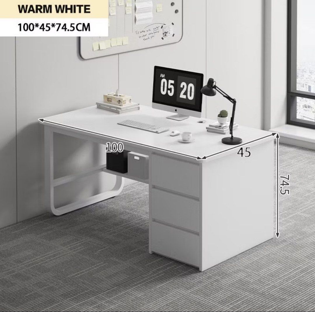 White Study Desk with 3 Drawers and Shelf (Category: Office Furniture & Fixtures) located in Caloocan City. Submitted by jemelee (Listing ID 1470445903, Image 1). Description: Clean white office desk featuring 3 drawers, an open shelf, and a sturdy metal leg. Dimensions: 100cm x 45cm x 74.5cm. Perfect for home offices or bedrooms..