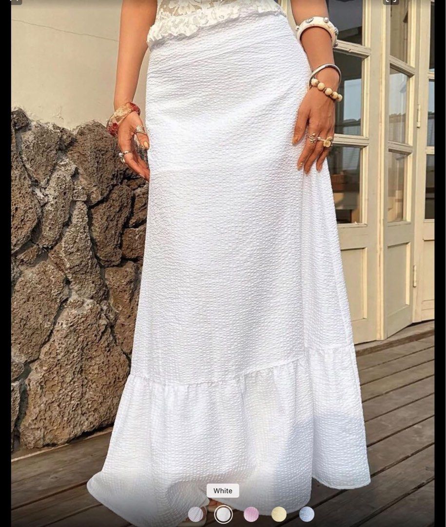 White textured maxi skirt with ruffled hemline (Category: Skirts) located in Davao. Submitted by hercloset.dvo (Listing ID 1470487691, Image 1). Description: used once .