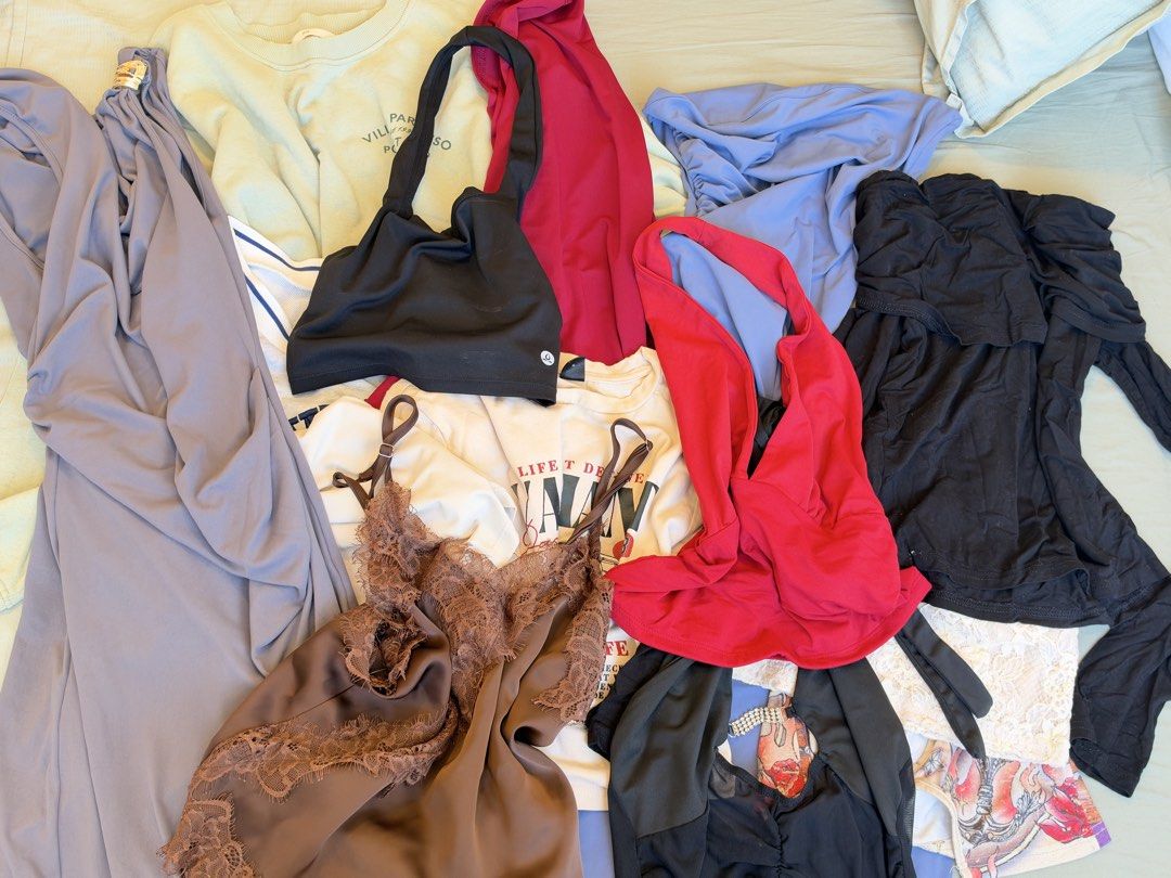 Women Clothing Tops Bundle Lots (Category: Blouses) located in Makati City. Submitted by itsmeann09 (Listing ID 1470394052, Image 1). Description: 14 clothes sold by bundle pm for the complete photos - Bundle set of assorted women's tops and dresses - Includes a green Villa Paradiso Positano sweatshirt, halter tops, lace camis, long sleeve off-shoulder tops, and more - Mix of styles ranging from casual basics to edgy prints - Sold as a complete s