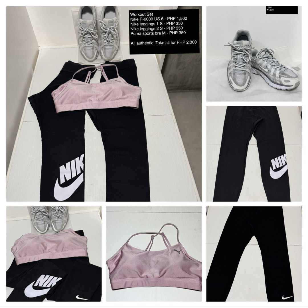 Workout Set: Nike Shoes, Leggings, Puma Bra Bundle (Category: Activewear) located in Makati City. Submitted by thrift.plethora (Listing ID 1470272332, Image 1). Description: Complete Workout Set - PHP 2,300 (Take all or buy individually) - 100% Authentic items - Nike P-6000 Shoes (US Size 6) - 2x Nike Leggings (Size S) - Puma Sports Bra (Size M) - DM for individual prices or to grab the whole set!.