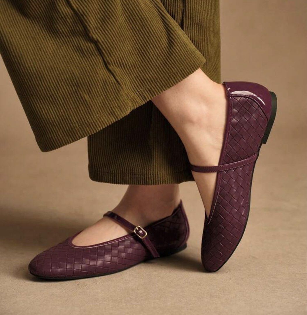 Woven Mary Jane Flats in Deep Plum (Category: Flats & Sandals) located in Taguig. Submitted by heyitsfrann (Listing ID 1470392849, Image 3). Description: - Style: Woven leather Mary Jane flats with a classic round toe - Color & Finish: Rich plum shade with glossy trim - Details: Adjustable strap featuring a gold-tone buckle, low heel, and flat sole - Versatility: Pairs easily with both trousers and skirts - Condition: Like new / Excellent (ready 