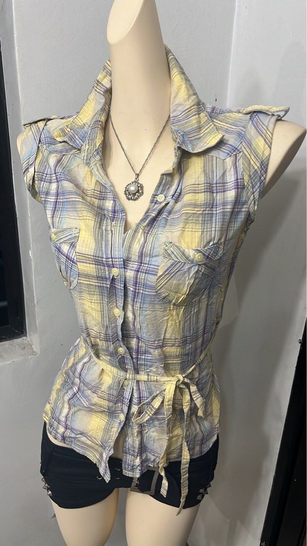 Y2@k OP pastel color checked tie front/side/ back button top (Category: Sleeveless) located in Caloocan City. Submitted by onlyfromthepast (Listing ID 1470483305, Image 2). Description: 9/10 condition Medium - adjustable tie for smaller frame ✅My bio before purchasing tia💕 ✅ All items are fresh from bales, Pls expect dirt,dust or stains.