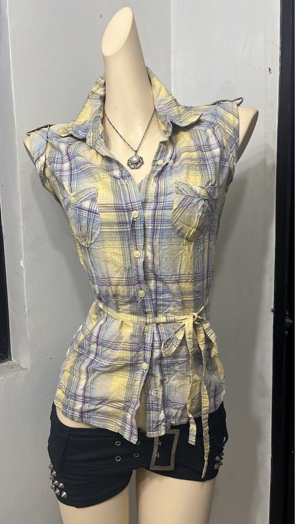Y2@k OP pastel color checked tie front/side/ back button top (Category: Sleeveless) located in Caloocan City. Submitted by onlyfromthepast (Listing ID 1470483305, Image 1). Description: 9/10 condition Medium - adjustable tie for smaller frame ✅My bio before purchasing tia💕 ✅ All items are fresh from bales, Pls expect dirt,dust or stains.