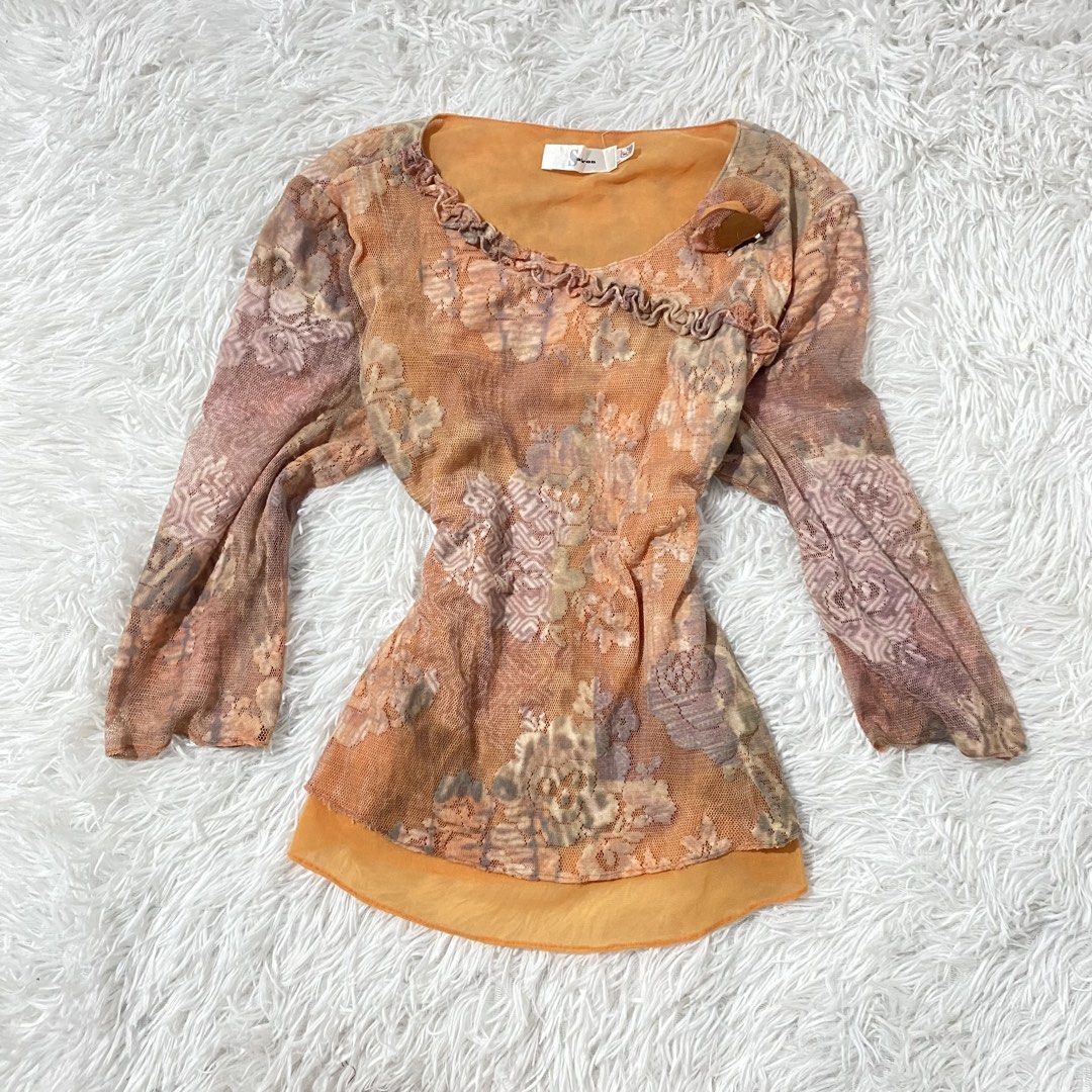 Y2k orange and multi patterned sheer mesh top (Category: Longsleeves) located in Manila. Submitted by ukaysaukoy (Listing ID 1470537041, Image 1). Description: BRAND:Saffron SIZE:XS-M .
