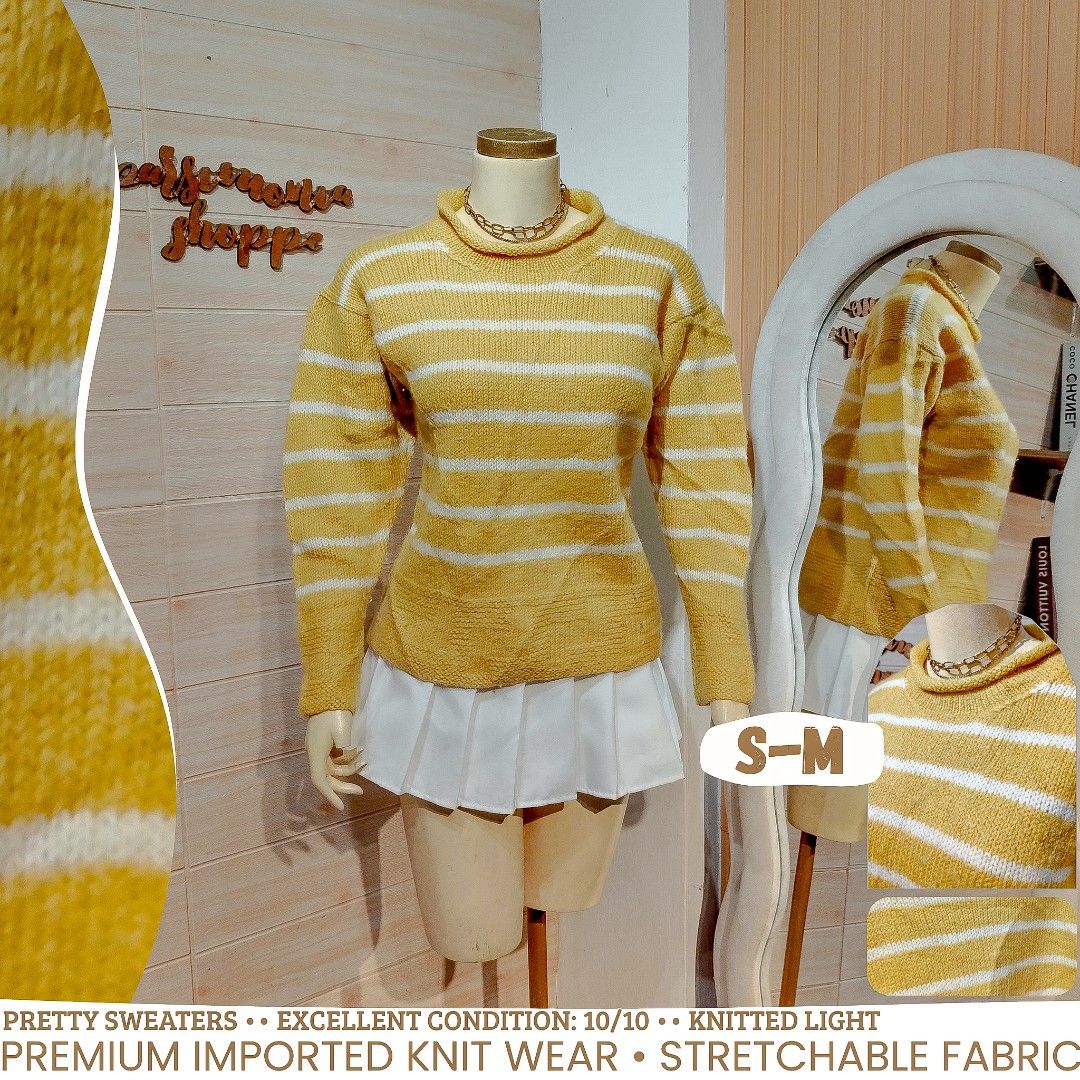 Yellow and white striped cable light knit sweater Freesize (Category: Longsleeves) located in Bulacan. Submitted by alyssarys (Listing ID 1470510328, Image 1). Description: - Color & Pattern: Yellow with horizontal white stripes - Design: Mock neckline and long sleeves - Material: Premium imported knit, very stretchable and lightweight - Size: Fits S to M - Condition: Clean and well-maintained overall.