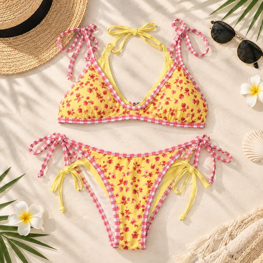 Yellow Floral Gingham Tie Side Bikini Set (Category: Bikinis & Swimsuits) located in Cabanatuan. Submitted by wantsomethrifts (Listing ID 1470531975, Image 1). Description: - Style: Two-piece swimsuit - Design: Vibrant yellow with red floral print and pink/white gingham trim - Straps: Adjustable ties at shoulders and bottoms for a perfect fit - Vibe: Bright and fun look for the beach or pool - Condition: Brand new / Excellent.
