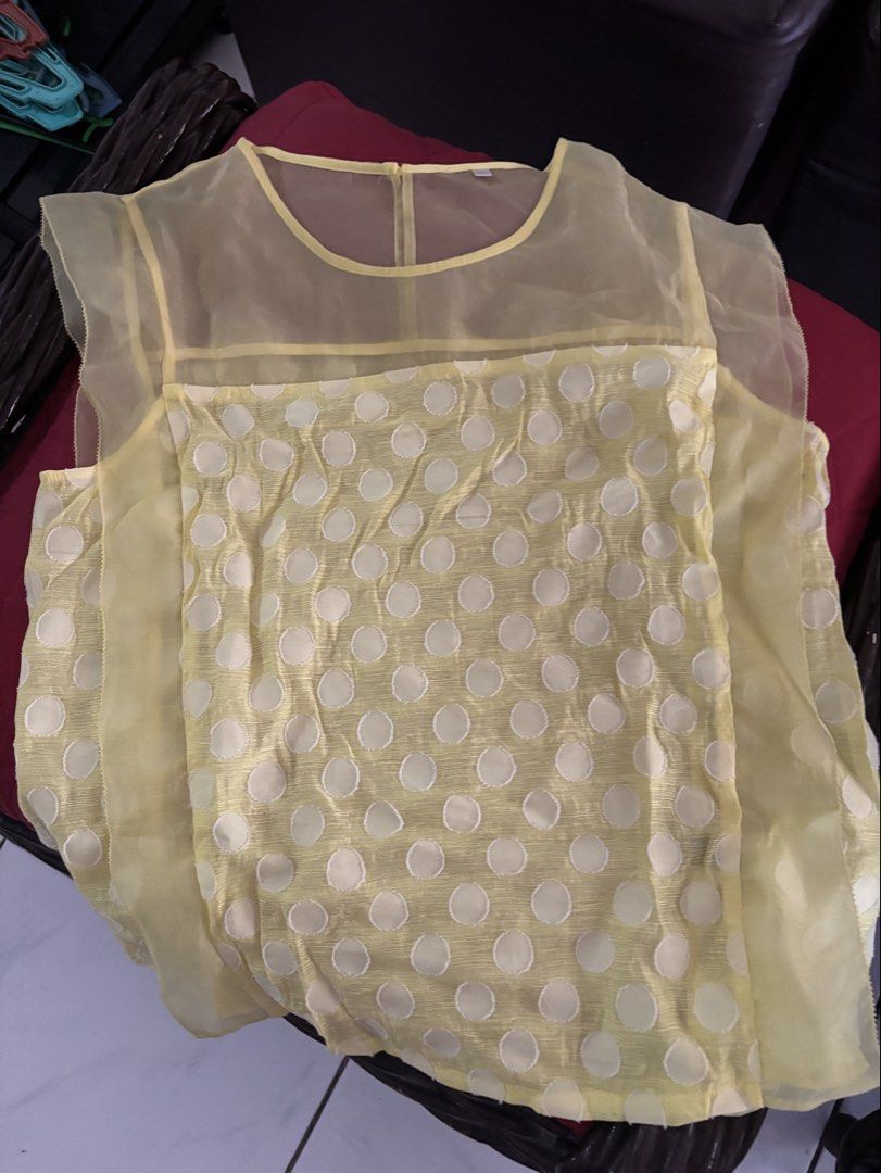Yellow Polka dot blouse (Category: Blouses) located in Teresa. Submitted by lovedbykels (Listing ID 1470350468, Image 1). Description: Large on tag best fit semi med to medium Sizing runs small.