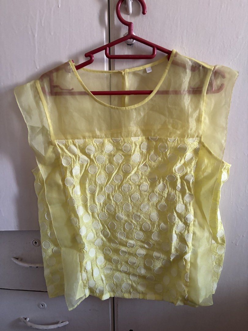 Yellow Polka dot blouse (Category: Blouses) located in Teresa. Submitted by lovedbykels (Listing ID 1470350468, Image 2). Description: Large on tag best fit semi med to medium Sizing runs small.
