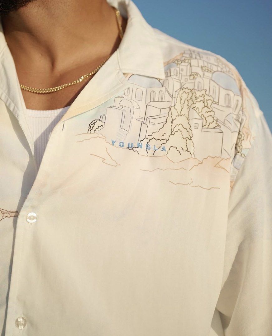 YOUNGLA Santorini Button Down Shirt (Category: Activewear) located in Bayombong. Submitted by rethreadsactivewear (Listing ID 1470498761, Image 2). Description: ON-HAND! READY TO SHIP! 🔥 YOUNGLA Santorini Button Down Shirt Medium Like new 1499 only! *Will iron/steam it upon shipment :) The YoungLA 4107 Greek Island Santorini Button Up Shirt is a resort-style casual button-down featuring a themed graphic design. Product Details •Material: 100% vi