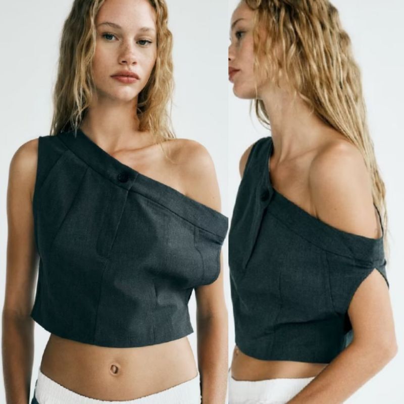 ZARA Asymmetric Top with button (Category: Sleeveless) located in Baguio. Submitted by eybisi__ (Listing ID 1470457029, Image 3). Description: Size: xs-small Issues: NONE 📦 Mode of shipping: Direct j&t 🧾 Mode of payment: Gcash (payment first policy) Strictly no cancellation once noted! Note: Please manage your expectations. Actual color may vary due to lightning..