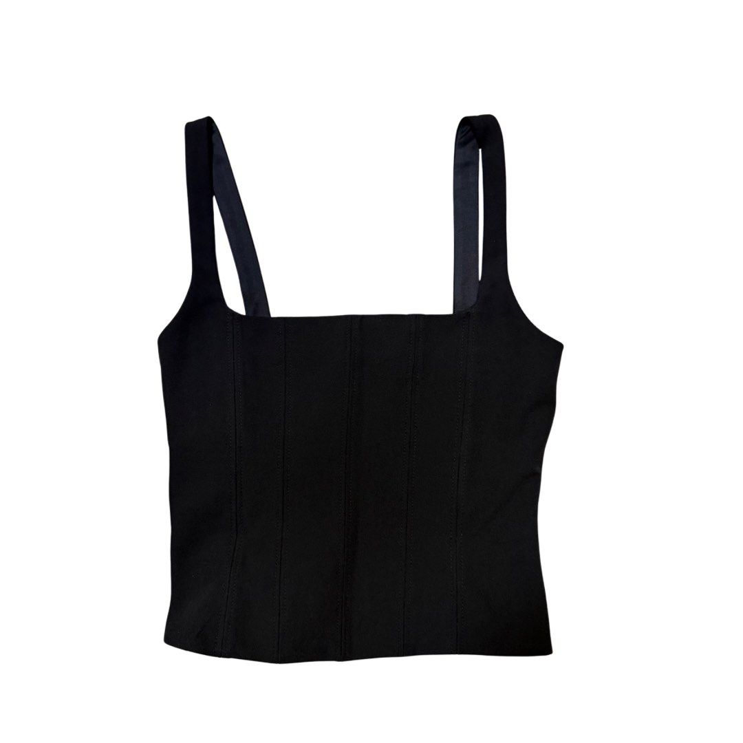 Zara Black Square Neck Corset Top Size S (Category: Sleeveless) located in Quezon City. Submitted by bmason0408 (Listing ID 1470483755, Image 2). Description: - Brand: Zara - Color: Black - Size: S - Design: Structured bustier / corset / corsetry inspired style with vertical seaming, square neckline, and thick straps - Closure: Full exposed silver zipper down the back - Fit: Fitted silhouette - Condition: Worn once, still in great shape 💰 MOP: G