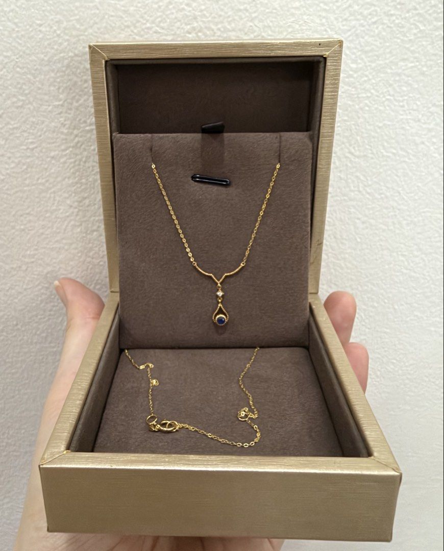 18k Gold Necklace with Sapphire Stone (Category: Necklaces) located in Manila. Submitted by jay_bee888 (Listing ID 1470580360, Image 2). Description: For Sale 18k Gold Necklace with Sapphire Stone Inclusion: with box Length : 16-18 inches Bought it from Shanghai .