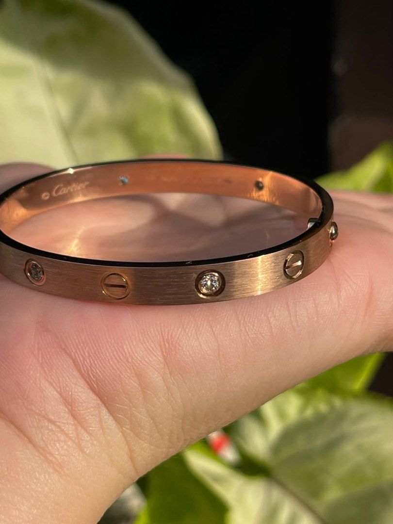 18k RG Brushed Love Bangle with Diamonds (Category: Bracelets) located in Cebu City. Submitted by jewelryla_finds (Listing ID 1470684068, Image 2). Description: ⭐️RG brushed love bangle Brandnew 18k HK settings With natural diamonds 💎 Size 15cm | 15.56 grams Full inclusion.