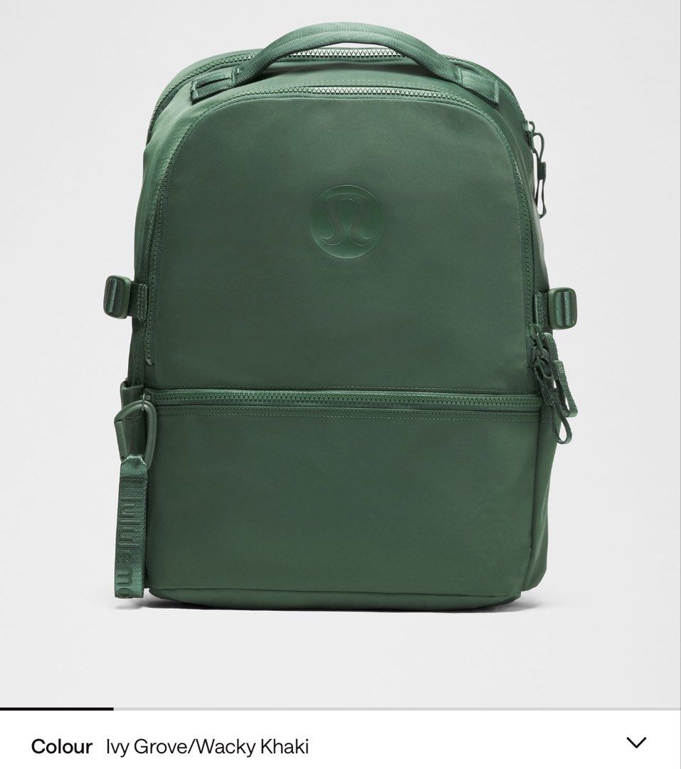 22L. Lululemon Everyday Backpack Ivy Grove Wacky Khaki (Category: Backpacks) located in Muntinlupa City. Submitted by peachonlineshop (Listing ID 1470727921, Image 1). Description: - Authentic Lululemon backpack - Colorway: Ivy Grove / Wacky Khaki (Deep green shade) - Water-repellent fabric construction with a structured shape - Multiple secure zipper compartments for easy organization - Convenient top grab handle and side adjustment straps - Fea