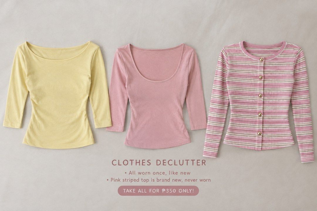3 Tops Bundle | Take All ₱350 Only (M-L) (Category: Shirts) located in Castillejos. Submitted by syi_lah (Listing ID 1470669405, Image 1). Description: CLOTHES DECLUTTER • All worn once only, like new • TAKE ALL for ₱350 only! Size: M-L.