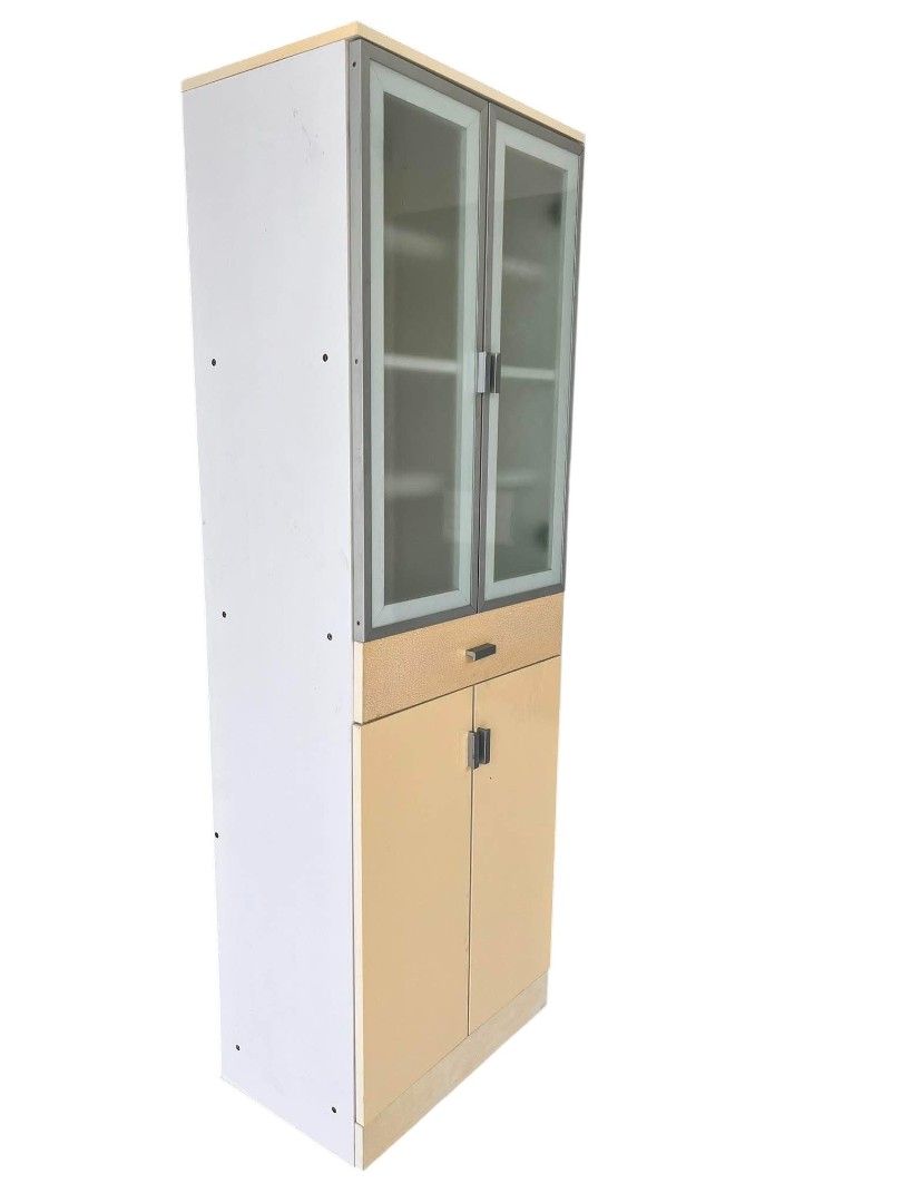4-DOOR DRAWER KITCHEN CABINET (Category: Shelves, Cabinets & Racks) located in Mexico. Submitted by mgracejapansurplus (Listing ID 1470557729, Image 2). Description: NEW ARRIVAL 🔥 JAPAN SURPLUS 🇯🇵 4-DOOR DRAWER KITCHEN CABINET ✨ - Compact tall storage cabinet in light cream finish - Top section: 2 frosted glass doors with internal shelves - Middle: 1 spacious drawer for utensils & small items - Bottom: 2 solid doors for larger storage - Space-